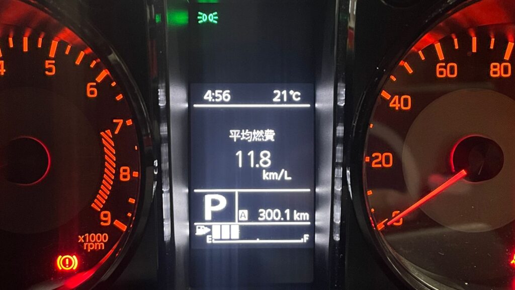 ジムニーJB64の平均燃費11.8km/L。近距離通勤使用時の実燃費をメーター画面で表示。