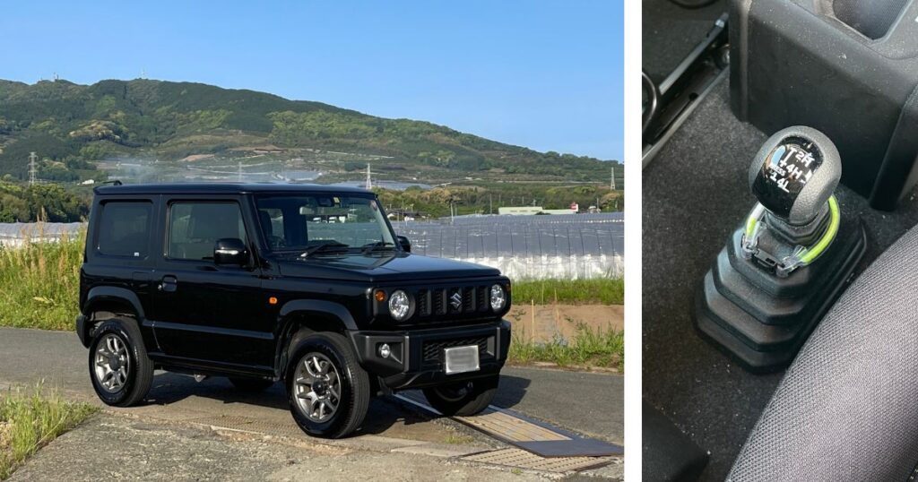 スズキジムニーJB64が4WDに切り替えられる直前、九州の山道前で停車している姿と、2WDから4WDに切り替えるシフトレバー