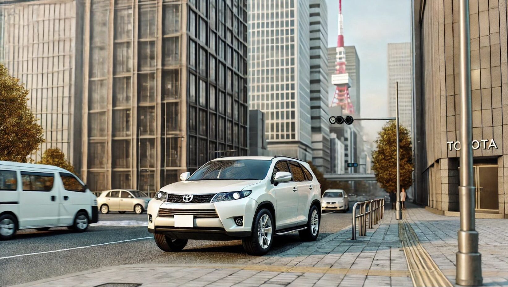 都市部を走るホワイト系の国産SUV。SUVは見た目の大きさに反して後部座席が狭いと感じることがあるため、広い車種選びが重要。