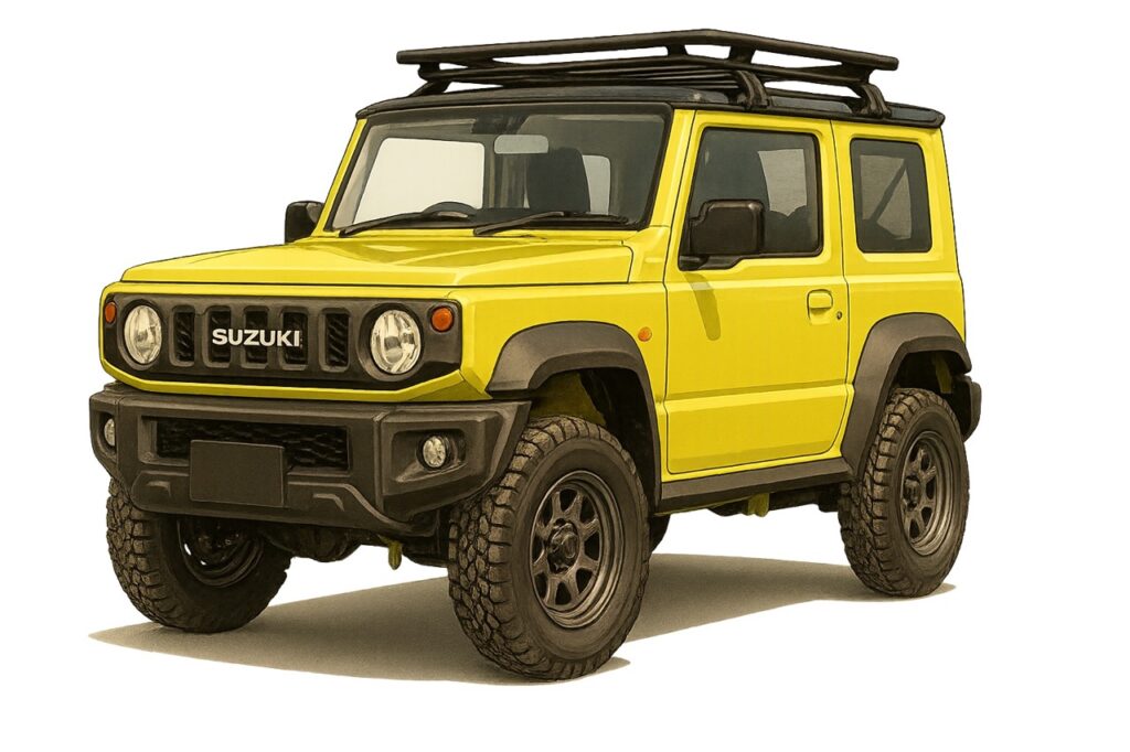 スズキ ジムニー JB74 キネティックイエロー｜ルーフキャリア装備の前方アングル