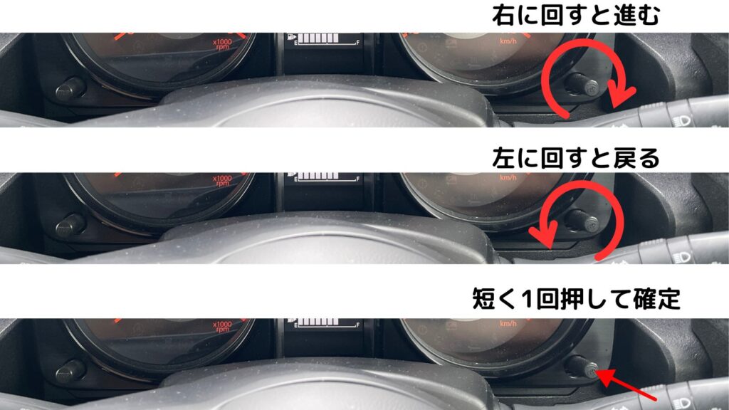 ジムニーJB64の時計合わせにおける時間調整の操作方法。右側のノブを「右に回して時間を進める」「左に回して戻す」「短く1回押して確定する」という一連の手順を図解している。