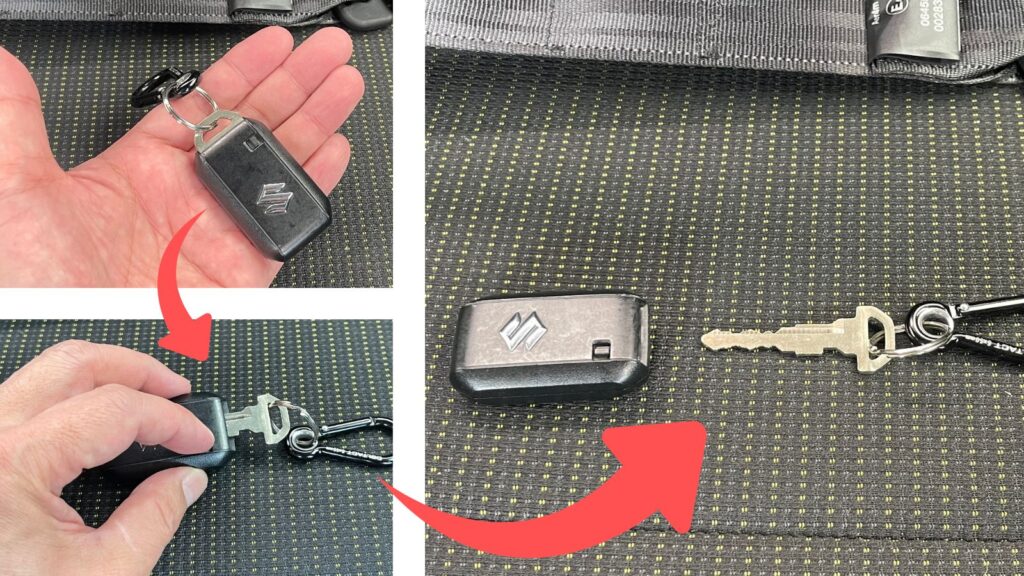 ジムニーのスマートキーから物理キーを取り出してシートベルト解除に備える手順の様子