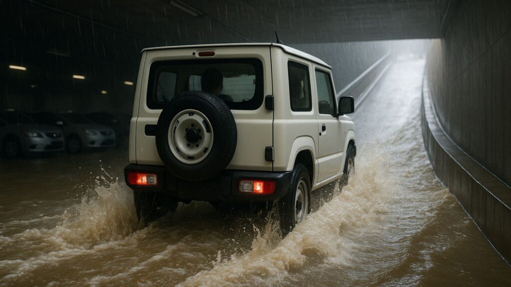 白いスズキ・ジムニーJB64が豪雨で冠水した地下駐車場のスロープを水しぶきを上げながら走破する様子