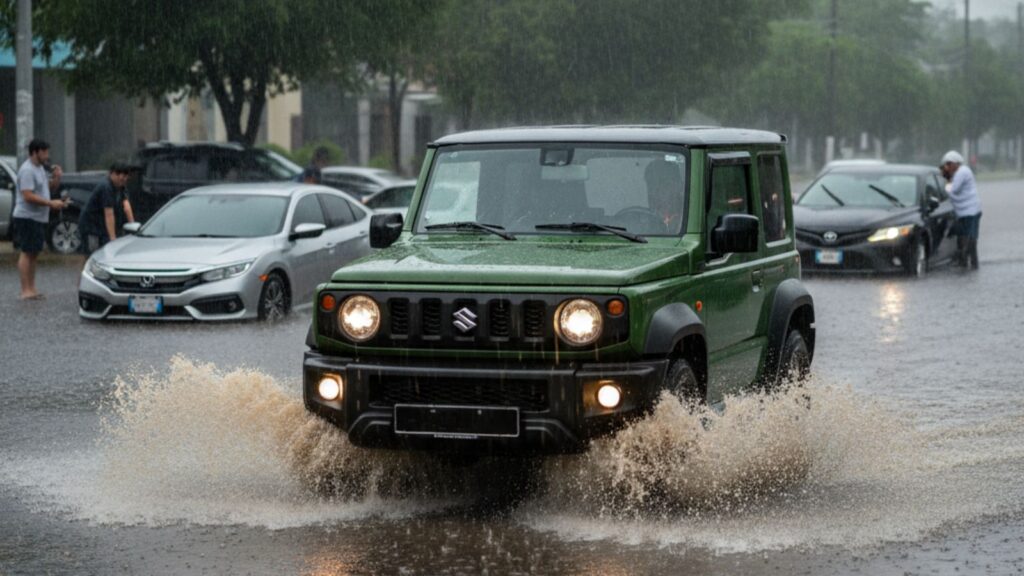 ゲリラ豪雨で冠水した道路を走行する緑色のスズキ・ジムニーJB64。背景では車高の低いセダンが立ち往生している。