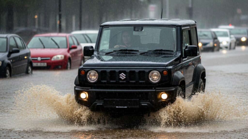 ゲリラ豪雨による冠水路をものともせず走行する黒いスズキ・ジムニーJB64。オーナーに安心感を与える頼れる相棒。