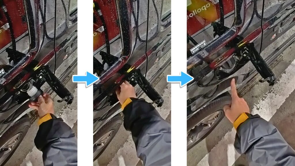夜のセルフガソリンスタンドにて、40年以上無事故のプロが給油作業の最後に燃料キャップを閉め、給油口カバーを閉じ、指差し確認を行うまでの3段階の安全動作を捉えた連続写真（POV視点）。筆者の頭部にマウントしたInsta360 Ace Pro 2で撮影。