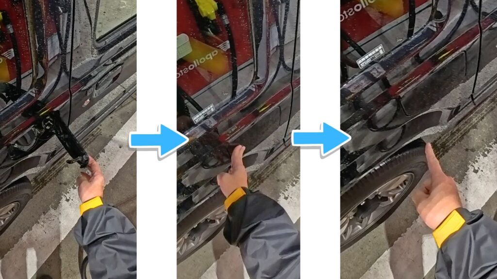 夜のセルフガソリンスタンドにて、給油完了後に燃料キャップとフタを閉め、指差しで「ロックOK」と言いながら最終確認を行う40年以上無事故のプロ（緒方智幸＝むらなす）の連続写真（POV）。 安全への高い意識を持つスマートな四駆オーナーの所作を実演。