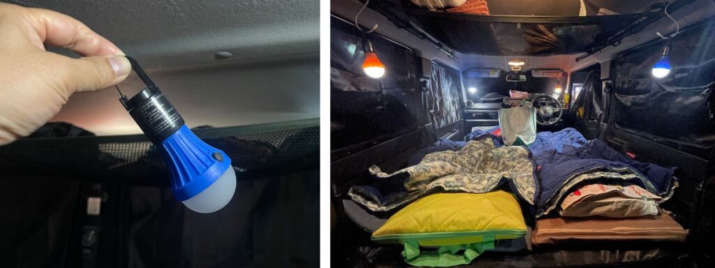 ジムニーの車中泊で使用する単4乾電池式の小型LEDライト（左）と、車内の四隅に吊るして点灯させた夜間の明るさを描写した比較画像。