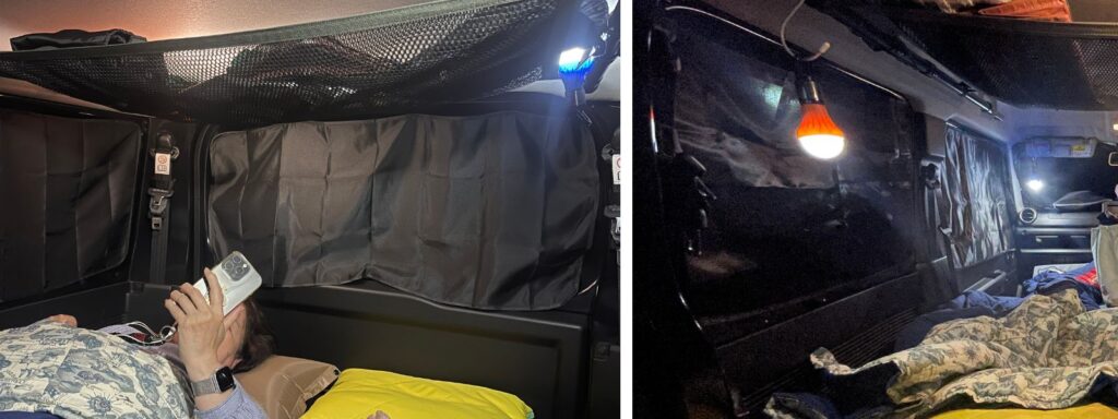 ジムニーJB64の車中泊において、マグネット式カーテンとサンシェードを全窓に装着して外光を完全に遮断した車内の様子。