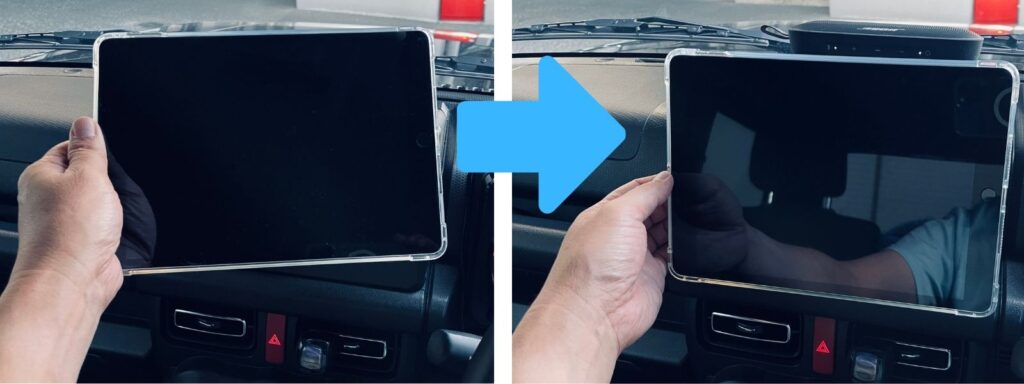 ジムニーJB64型の運転席から左手でiPad第9世代を着脱する2分割写真。左側の枠は取り付ける直前、右側は2DINスペースのマグネットマウントへ吸着固定している瞬間。