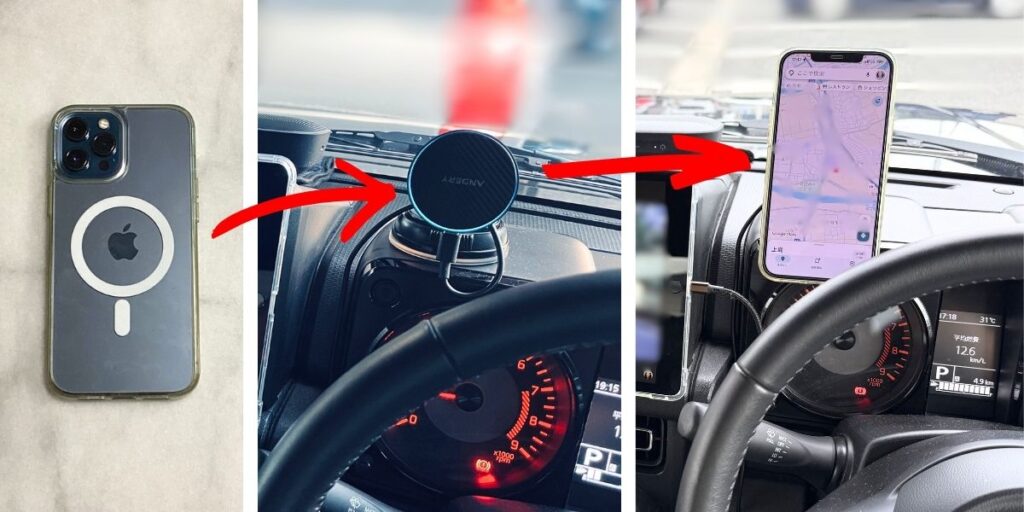 ジムニーJB64型のメーターフード上部に装着したANDERY製MagSafe対応ワイヤレス車載ホルダーと、JETech製マグネットケースを装着したiPhoneの車載レイアウト